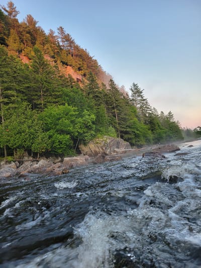 The image depicts a fast-flowing river with choppy water in the foreground, leading towards a rocky bank lined with lush green trees. The trees extend up a steep, rocky incline, with some catching the warm glow of what appears to be early morning or late evening sunlight. The sky above is a clear, pale blue with hints of pink and orange at the horizon, suggesting a sunrise or sunset. Mist or fog is visible rising from the water and clinging to the trees in the distance, adding a hazy, atmospheric quality to the scene. The environment is natural and wild, with no signs of human presence or urban development. The location is identified as Saint-Alban, Canada, implying a natural landscape within or near this Canadian city.