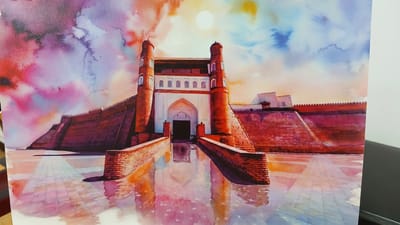 The image is a watercolor painting of the Ark Fortress in the city of Bukhara, Uzbekistan. The fortress is depicted with its characteristic red brick walls and imposing towers. The entrance to the fortress is a grand archway, flanked by two cylindrical towers. The painting is rendered in a vibrant and expressive style, with bold brushstrokes and a rich color palette. The sky is a swirl of purples, pinks, and oranges, suggesting a dramatic sunset or sunrise. The ground in front of the fortress is a mosaic of light and shadow, with reflections of the fortress and sky on a wet surface, possibly a moat or flooded courtyard. The overall impression is one of grandeur and history, with the fortress standing as a timeless monument.
