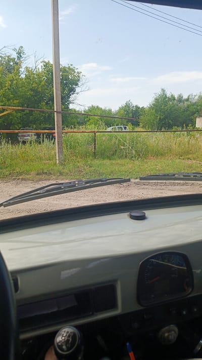 The image is taken from inside a vehicle, looking out through the windshield at a rural scene. The foreground shows the dashboard, including a portion of the steering wheel on the left, a gear shift knob, and a speedometer. The windshield itself is visible, with wipers resting on it. Outside the vehicle, a gravel road is visible, bordered by a rusty metal fence and overgrown grass and wildflowers. Beyond the fence, several trees line the horizon, and a few parked cars can be seen in the distance. The sky is partly cloudy. The location is identified as Золотая Степь, Russia.