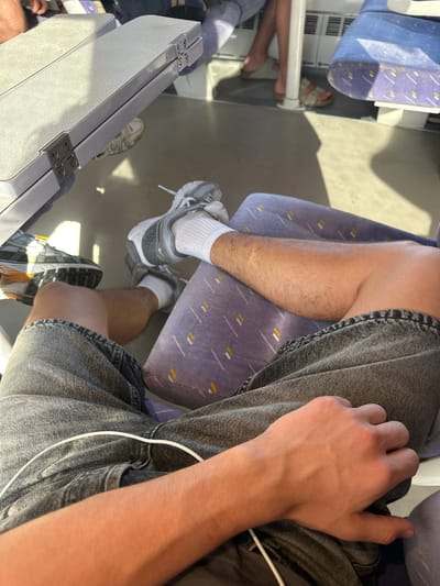 The image shows a person's legs and arms from a first-person perspective, seated on a train. The person is wearing grey denim shorts, white socks, and athletic shoes. A white wire, possibly from headphones or a charger, runs across their lap. The train has purple seats with a geometric pattern and a small fold-down table attached to the seat in front. Sunlight streams in from the right, casting shadows. The location is identified as Rivesaltes, France, indicating the train is likely traveling through or to this region.