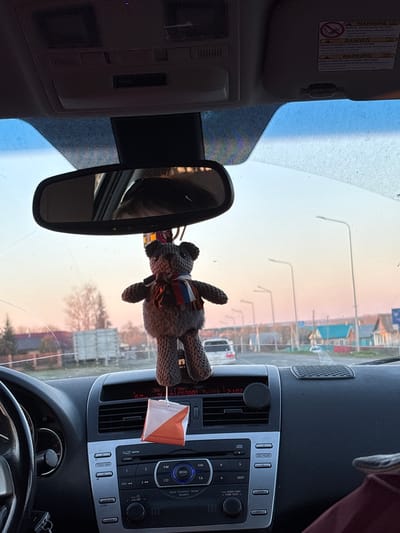 The view from inside a car in Staraya Yum'ya, Russia. A toy bear with a Russian flag scarf hangs from the rearview mirror. A small orange and white orienteering flag is placed on the dashboard. The car radio and steering wheel are visible. Outside the windshield, streetlights and buildings are visible.