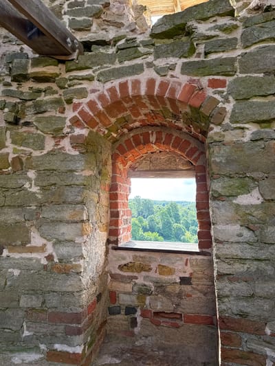 This image depicts a window opening within the ancient stone ruins of the Vana-Vastseliina Castle in Estonia. The window is framed by rough-hewn, grey-green stones and a distinct red brick arch. Through the opening, a lush green forest canopy is visible under a bright sky, suggesting an outdoor, natural environment beyond the structure. The interior walls are a patchwork of different stones and mortar, showing signs of age and decay. A substantial wooden beam is visible in the upper left corner, attached to the stone wall with metal brackets, indicating some attempt at structural support or historical reconstruction. The lighting suggests it is daytime, casting shadows within the interior and illuminating the scene outside. There are no people or animals present in the image.