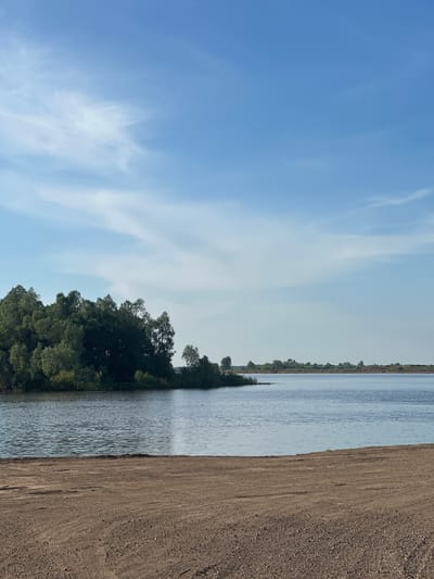The image shows a landscape with a body of water, likely a river or lake, bordered by vegetation and a sandy or gravelly shore. On the left side of the water, there's a line of trees and shrubbery. To the right, the shore appears dry and barren. The sky occupies the upper portion of the image, displaying a mix of blue and white clouds. The image does not contain any people, actions or interactions. I have no information available about the location of the image in the city of Azyakul', Russia.