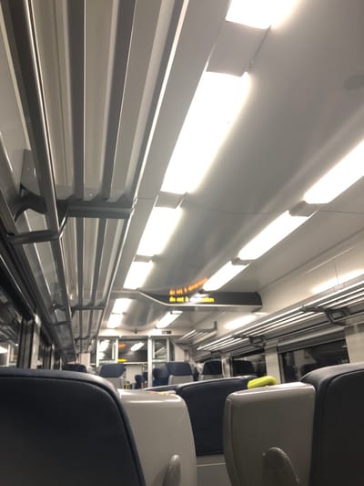 The image displays the interior of a modern train carriage, captured from a tilted perspective that makes the scene appear horizontal. The view extends down an aisle or along one side of the carriage.

The interior is brightly lit by numerous long, white fluorescent strip lights positioned along the upper walls or ceiling, casting a strong, even glow and producing reflections on some surfaces. The walls and ceiling are predominantly white or light grey, contributing to a clean and contemporary aesthetic. A small speaker grille is visible on the ceiling in one of the detailed crops.

On the right side of the frame, multiple rows of passenger seats are visible. These seats feature dark blue or grey fabric cushioning and light grey or white plastic backs, some with small, distinctive yellow handle accents. The carriage appears to be empty, with no people visible in the seats or aisle.

Along the left side, below the lights, a continuous, multi-tiered metallic luggage rack or shelving system runs the length of the visible area, composed of several horizontal bars.

Towards the mid-ground on the left, a digital information display with bright orange text is visible. The text, in French, appears to read "th ou et à destination", indicating information about the train's journey to a destination. This detail aligns with the location context of Steinbourg, France.

No specific activity or event is taking place; the scene is static, portraying an unoccupied train interior. The bright artificial lighting makes the time of day indeterminate, and no external views are present to indicate weather conditions. The overall atmosphere suggests a modern, functional, and empty transportation environment.