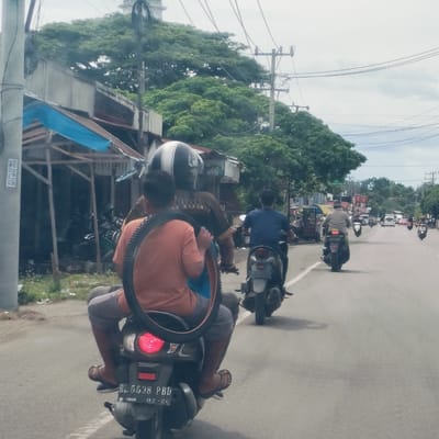The image captures a daytime scene on a road in Dayah Caleue, Indonesia, under an overcast sky. In the foreground, two individuals are riding a black scooter away from the viewer. The person driving wears a full-face helmet with white stripes, while the passenger, dressed in an orange t-shirt and grey shorts, is seen from behind, holding a bicycle tire against their back. Their feet, clad in flip-flops, rest near the scooter's rear wheel. The scooter's license plate, "BL 5538 PBD", and a date "02-20" are clearly visible.
Beyond them, other motorcycles and scooters with riders are also traveling in the same direction, indicating a busy road. A person in a blue shirt is on another scooter directly ahead, and further down the road, more vehicles, including cars and tuk-tuks, can be seen.
To the left of the road, various structures and buildings line the roadside. One building has a blue tarp covering part of its roof, and a wooden frame is visible underneath. Lush green trees dominate the background, towering over the buildings. Numerous utility poles with a complex network of overhead electrical wires crisscross the sky. On a pole near the left edge of the frame, partially visible text reads "WC" along with a phone number "0813 0612 8380". The scene depicts a typical daily street activity in the region, focusing on motorized two-wheelers as a primary mode of transport.