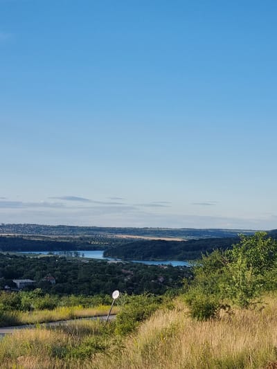 The image depicts a panoramic view of the landscape surrounding Rakovitsa, Bulgaria. In the foreground, dry, golden grass covers a sloping hillside, interspersed with green bushes and a paved road curving to the left. A white, circular signpost stands on the right side of the road. Beyond the immediate foreground, dense green trees blanket the rolling hills, with a serene blue lake visible in the middle ground. In the distance, a city skyline with buildings and industrial structures can be seen under a clear blue sky with scattered wispy clouds. The scene is bathed in daylight, suggesting it was taken during the day.