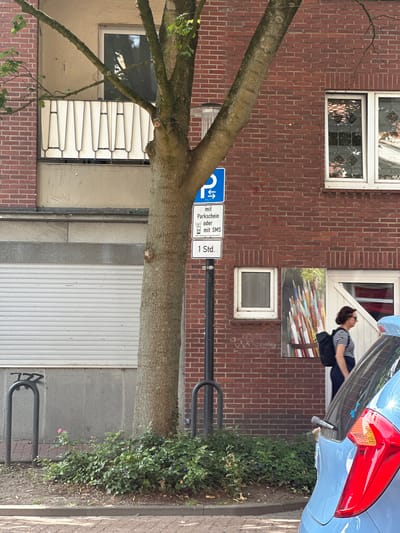 A woman is leaning into the open trunk of a light blue car, her head tilted back and looking upwards. She is wearing a black and white striped shirt and dark pants. The car is parked on a street in front of a brick building. The building has several windows, some with decorative panes, and a large rolling garage door at ground level. A tree with a thick trunk and branches partially obscures the view of the building and the car. To the left of the tree, there is a parking sign with a blue wheelchair symbol and text indicating parking regulations. The sign includes the text "mit Parkschein oder mit SMS" and "1 Std." The scene appears to be outdoors on a bright day, likely in Hamm, Germany, given the context. The overall impression is a casual, everyday scene.