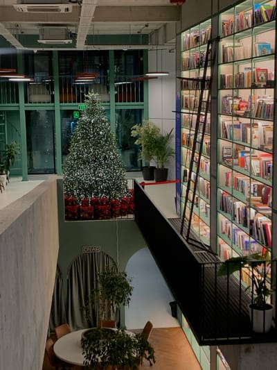The scene features a high-ceilinged space with floor-to-ceiling bookshelves filled with books. A black metal staircase leads to an upper level. Below, green-framed windows reveal a large indoor plant adorned with lights, possibly a Christmas tree. Greenery, including potted plants, is scattered throughout. A circular design is visible on the wall, with the word "ONAR" displayed. The lighting is soft, creating a cozy and inviting atmosphere.