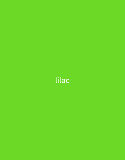 This is a single image featuring a solid, bright green background. The word "lilac" is displayed in white, sans-serif text, centered horizontally and vertically within the frame. There are no people, objects, or discernible scene elements other than the text and the background. The image has no location context clues or information about the time of day or weather. The overall presentation is minimalist and lacks any narrative or descriptive context beyond the single word displayed.
