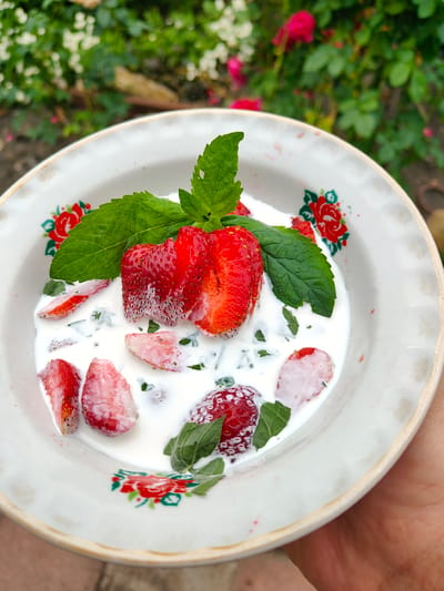 A close-up, overhead shot shows a white bowl with a decorative floral pattern, filled with sliced strawberries and mint leaves in a creamy white liquid. The bowl rests on a surface that appears to be a stone or concrete path, with a blurred background of green foliage and pink flowers, suggesting an outdoor garden setting in Starosemeikino, Russia. A hand is visible at the bottom of the frame, holding the bowl.