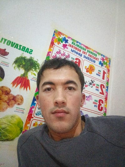 A man poses for a selfie in front of two educational posters. One poster showcases various vegetables and fruits, with accompanying names. The second poster features a colorful puzzle-piece border and displays numbers one to three, each associated with an image and written description. The man is wearing a grey, textured crewneck shirt. The background consists of a plain white wall.
