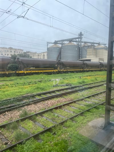A tilted view of railway tracks with green vegetation growing between the rails and gravel. Alongside, large cylindrical train cars in rust and yellow are parked near tall, industrial grain silos. Buildings are visible in the distance under a cloudy sky. Power lines stretch across the upper left portion of the image. The shot appears to be taken from inside a building or train, as a frame is visible in the upper corner.