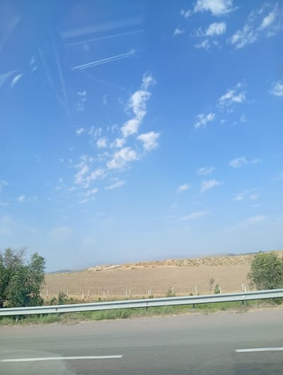 The image depicts a dry, arid landscape with a vast expanse of clear blue sky dotted with scattered white clouds. In the foreground, a gray metal guardrail runs horizontally across the frame, separating a paved road from a barren field. The field itself is characterized by dry, light brown earth and sparse vegetation, with a line of white posts running through it. On the left side of the field, a small cluster of green trees stands out against the otherwise dry terrain. In the distance, rolling hills fade into a hazy horizon. The scene appears to be captured from a moving vehicle, indicated by the slight blur and the reflection of the car's interior on the upper left portion of the sky. The overall impression is one of a rural or semi-rural environment, likely in a region with a warm climate.