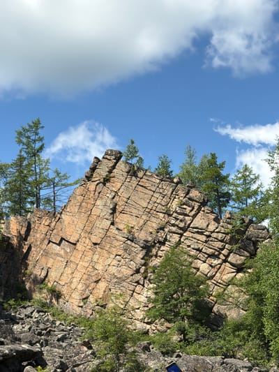 The image depicts a steep, fractured rock formation with a light brown and tan coloration, characterized by distinct horizontal and diagonal lines that suggest geological stratification. The rock face is partially covered in small green vegetation, particularly at its base and in crevices. In the foreground and at the bottom of the image, a jumble of dark gray rocks and boulders creates a rocky terrain, with more green foliage interspersed.
Above and to the left of the rock formation, several tall, slender coniferous trees with dark green needles rise towards a bright blue sky dotted with fluffy white clouds. To the right and further back, more dense green trees and foliage are visible, creating a lush backdrop.
The scene is set outdoors in a natural, mountainous or rocky environment. The lighting suggests a sunny day. There are no visible people or specific structures in the main part of the image, though the crops suggest a possible presence of a person holding a blue object at the bottom right, possibly a phone or tablet, indicating a potential human observer or explorer in the scene. The specific location in Orlenok, Russia, is not evident from the visual elements alone, but it is described as a natural landscape, likely a park or protected area given the inclusion of human presence.