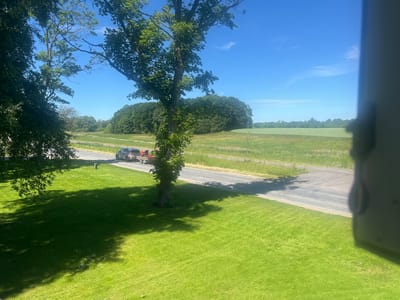 The image depicts a sunny day scene in Ringsted, Denmark, showcasing a rural landscape. In the foreground, a vibrantly green, well-maintained lawn is partially covered by the dappled shadow of a large tree. Beyond the lawn, a paved road runs horizontally across the frame. On the road, a dark-colored car is towing a small trailer. The road is bordered by green grass and a fence. Further in the background, a dense line of trees forms a natural barrier, behind which are fields of green crops under a clear blue sky with a few wispy clouds. The overall impression is one of a peaceful, natural environment.