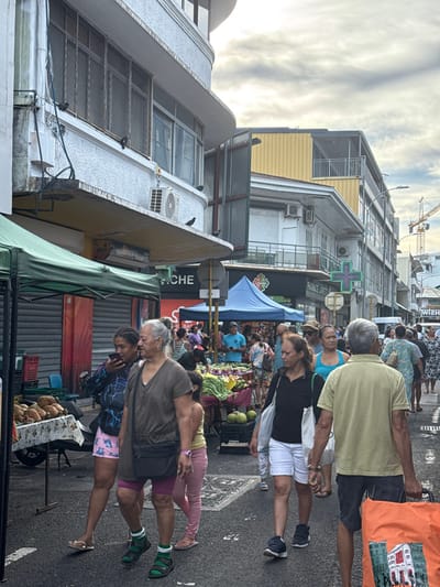 This image depicts a bustling street market scene in Papeete, France, under an overcast sky. The foreground shows a wet, paved street crowded with pedestrians.

On the immediate left, a white, textured multi-story building with a curved facade rises. Its upper floor features windows secured with vertical bars, and an air conditioning unit is visible below. Several pigeons perch on its ledges. Extending from this building, a green market canopy covers a stall displaying numerous coconuts arranged on a white patterned tablecloth.

In the left foreground, an older woman with grey hair, wearing a dark brown tunic-style top, pink cycling shorts, and green sandals paired with green socks, walks forward. Adjacent to her, a younger woman with dark, curly hair, dressed in a dark blue, white, and purple patterned long-sleeved top and pink shorts, holds a smartphone to her ear. A young girl in pink pants walks behind them.

In the right foreground, an older man with grey hair, wearing a light green polo shirt and dark shorts, walks away from the viewer, carrying an orange reusable shopping bag with a building illustration. To his left, a woman in a black shirt and white shorts walks towards the viewer, carrying a white tote bag.

In the midground, a blue market canopy covers a stall displaying various green produce in black crates. Numerous individuals of varying ages and presumed Polynesian ethnicity are present throughout the scene, either walking along the street or browsing the market stalls.

Further down the street, buildings line the right side, including one with a distinctive bright yellow corrugated metal upper section and another displaying a glowing green neon cross sign, indicating a pharmacy. A construction crane is visible in the distant background on the right. The overall environment suggests an active urban market setting.