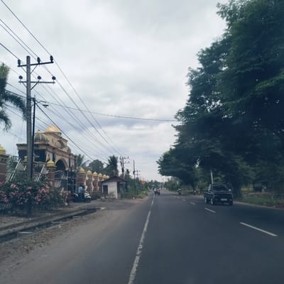 The image presents a view of a road in Payameuneng, Indonesia, under an overcast sky. On the left, a prominent and ornate building features a large golden domed roof and elaborate metal gates, flanked by vibrant pink flowering bushes. A tall utility pole with numerous crisscrossing overhead wires stands in the left foreground. Adjacent to the grand structure, a smaller, simple white building is visible.
The paved road ahead has a white dashed center line and a concrete drainage ditch along its left edge. Several vehicles, primarily motorcycles, are present; two motorcycles are parked near the ornate building with people standing close by, and more motorcycles are seen in the distance, alongside a black pickup truck on the right side of the road.
Both sides of the road are lined with lush tropical trees, including palm trees and large leafy varieties. Further down the road, a yellow sign with two black arrows pointing towards each other indicates a road condition such as narrowing or two-way traffic. The scene captures a typical daytime setting with routine activity in a semi-rural Indonesian environment.