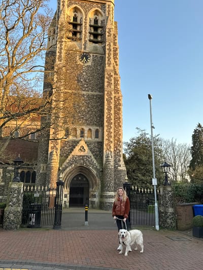 A young adult female and a cream-colored Golden Retriever dog stand on a red brick pavement in front of St. Thomas of Canterbury Church (Brentwood Cathedral) in Brentwood, United Kingdom. The female, positioned center-right, has long wavy blonde hair and wears a brown puffer jacket, dark trousers, and white sneakers. She holds a dark leash connected to the dog's collar. The dog stands immediately to her right. The church, a large Gothic Revival structure, dominates the left and center-background, constructed of grey stone with lighter stone accents. Its prominent tower features belfry openings and a clock face displaying approximately 4:35. Low-angle sunlight from the left illuminates the church tower and the bare branches of a large tree partially visible on the left. The sky is clear blue. A black wrought iron fence with decorative gold-colored posts runs along the church boundary. To the right of the female, a tall grey metal lamppost with a light fixture and a small sensor is visible, alongside a decorative black street lamp mounted on a stone pillar. Two blue recycling bins are partially visible behind the fence on the far right.