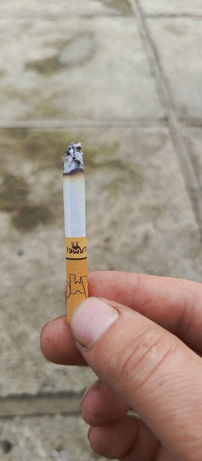 A close-up, eye-level shot shows a person's right hand holding a lit Camel cigarette. The cigarette, with its distinct orange and white packaging featuring the Camel logo, is positioned vertically in the center of the frame, with the ash end facing upwards. The person's thumb and index finger are gripping the lower part of the cigarette. The background consists of a gray, textured surface, possibly a sidewalk or pavement, with some discoloration and subtle lines indicating paving stones. The lighting suggests an outdoor environment, likely during the daytime. The image is sharp and focused on the cigarette and the hand, with the background slightly blurred. The scene is devoid of any identifiable landmarks or elements that would specifically place it in Pogranichny, Russia.