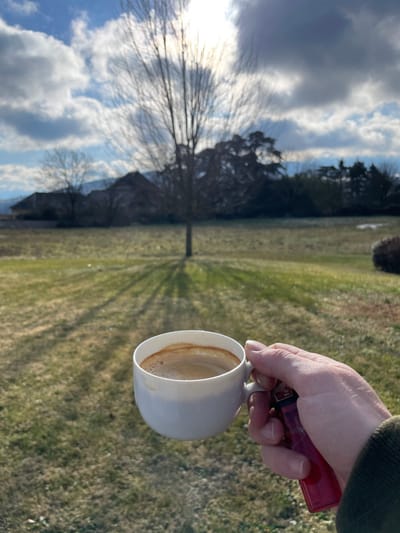 The scene is an outdoor landscape located in Chambéry, France. In the lower right foreground, a person's right hand, clad in a dark green sleeve, holds a white ceramic cup filled with a coffee-like beverage exhibiting crema, concurrently gripping a translucent red cigarette lighter. The midground features an extensive, uneven grassy field, predominantly green with some lighter, drier patches. A leafless deciduous tree stands centrally in the field, casting elongated shadows towards the viewer. In the background, a line of structures, resembling buildings with dark roofs, is visible through sparse trees. Beyond these structures, distant mountains rise under a partly cloudy sky. The sun is positioned high in the upper center of the frame, partially obscured by clouds, generating a visible glare. Scattered patches of snow are discernible on the right side of the field in the midground.