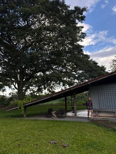 A young woman with dark hair, wearing a long-sleeved shirt and shorts, walks across a gravel path in front of a modern building with a tiled facade. She is smiling and looking towards the camera. The building has a long, overhanging roof supported by wooden posts. Two empty chairs and a unique sculptural table sit under the covered area. To the left, a large, mature tree with dark green foliage dominates the scene. The ground is covered in green grass, with some fallen leaves and debris. The sky above is blue with scattered white clouds. This location appears to be an outdoor recreational area or a community space in Tambon San Phi Suea, Thailand, possibly a park or a nature center, given the presence of the large tree and natural landscaping.