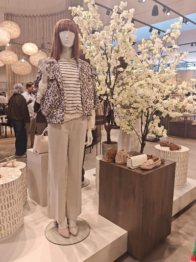 The image depicts an indoor retail environment, identified as a fashion store located in Wierden, Netherlands. The central subject is a female mannequin positioned facing forward on a circular glass base atop a white display platform.
The mannequin is dressed in a contemporary outfit: a short-sleeved brown and black leopard-print jacket over a white long-sleeved top with thin black horizontal stripes. She wears light beige wide-leg trousers and light pink pointed-toe flat shoes. Her head features shoulder-length brown hair with bangs and a featureless white face.
To the right of the mannequin, a large artificial tree with abundant white blossoms dominates the midground. Below and to the right of the tree, a dark brown rectangular pedestal displays several accessories: a small white structured handbag, a pair of light beige moccasins, and two pairs of brown suede ankle boots featuring fringe details. Adjacent to this, a cylindrical white pedestal with a repeating geometric pattern also holds light-colored footwear.
To the left of the mannequin, a light beige rectangular pedestal holds a white handbag. Further left, a circular white pedestal with a textured surface displays a woven basket or similar decorative item.
In the blurred background, several individuals are visible. To the far left, a person with gray hair wearing a dark jacket and blue trousers stands with their back partially to the viewer, engaged with another person in a light blue collared shirt. Throughout the background, additional retail displays, clothing racks, and mannequins are discernible. Overhead, a combination of large, textured spherical pendant lights and black track lighting illuminates the space. The flooring is light-colored.