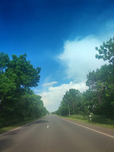The media file displays a view from a vehicle traveling on a paved road in Horom, Armenia. The road stretches into the distance, bordered by lush green trees on both sides. The sky is a vibrant blue with dramatic white clouds, suggesting fair weather. Sunlight streams through the clouds, creating a bright and airy atmosphere.

The scene appears to be set during the daytime, possibly late morning or early afternoon, given the brightness of the sky and the quality of the light. The presence of a few distant vehicles on the road indicates that this is a functional thoroughfare. The trees are full and leafy, suggesting a warm season, likely spring or summer. The overall mood is one of peaceful travel through a verdant landscape. There are no people visible, only the natural environment and the road.

Notable details include a roadside marker with red and white stripes on the right side of the road, which is common in many countries to indicate the edge of the road or hazards. The trees are tall and dense, creating a natural canopy over parts of the roadside. The road itself has clear white lane markings, indicating it is well-maintained. There is no visible text in the media file. The vastness of the sky and the clear road ahead evoke a sense of openness and journey.