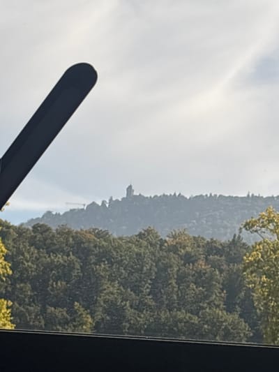 The image displays a distant landscape view, captured from an interior vantage point, likely a vehicle, located in or near Lièpvre, France. A dark, elongated object with a rounded end, consistent with a vehicle's interior trim or pillar, partially obstructs the upper-left quadrant of the frame. The mid-ground is filled with a dense, undulating expanse of dark green deciduous forest, with occasional lighter green and yellow foliage. In the hazy background, atop a heavily forested mountain ridge, the Château du Haut-Kœnigsbourg is prominently silhouetted, identifiable by its distinct central keep and castellated architecture. A construction crane with a yellow boom is faintly discernible on the ridge to the immediate left of the castle. The sky is overcast and bright, providing diffuse illumination across the scene. No individuals are visible, and no actions or interactions are present.