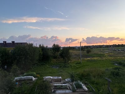 The image depicts a rural scene in Vylgort, Russia, during sunset. The sky is painted with soft hues of pink, orange, and blue, with scattered clouds catching the last rays of the sun. In the foreground, several garden beds are visible, some covered with white sheeting, suggesting the presence of crops or plants. Trees and lush green grass dominate the middle ground, interspersed with some low-lying buildings. Further in the distance, a line of houses and trees marks the edge of a settlement. Power lines stretch across the landscape, indicating the presence of infrastructure. The overall atmosphere is peaceful and serene, capturing the quiet beauty of a rural evening. No people are visible in the frame, and no text is present. The time of day is clearly indicated by the sunset lighting.