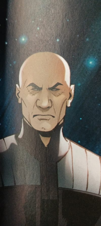 This is a stylized illustration depicting a bald, light-skinned male figure. The figure faces directly forward, occupying the majority of the vertical frame, with a stern and intense expression. His brow is furrowed, eyes narrowed, and mouth set in a firm, thin line. He has prominent cheekbones and an angular jawline. He wears a high-collared garment featuring a dark central panel and lighter, possibly off-white, sections across the shoulders and collarbone. The background is a dark, speckled expanse containing numerous bright, blue-tinted points of light, consistent with a starry or cosmic environment. A primary light source appears to be from the upper right, illuminating the top of his head and the right side of his face and attire. There are no other individuals, objects, or specific actions depicted. While not visually represented within the illustration, the scene is contextually understood to be taking place in the city of Egbiri, Nigeria.