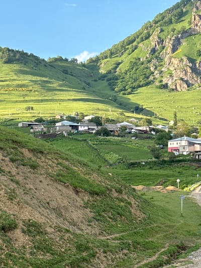 A village is nestled in a lush green valley at the foot of a rocky, tree-covered mountain range under a clear blue sky. The village consists of several houses with variously colored roofs, some appearing to be of traditional design. A dirt road winds through the village and continues up into the valley. The terrain is characterized by steep grassy slopes, with some areas of exposed earth and rocks. The overall impression is one of a remote, rural settlement in a picturesque mountain landscape. The location is identified as Nizhnyaya Mara, Russia.