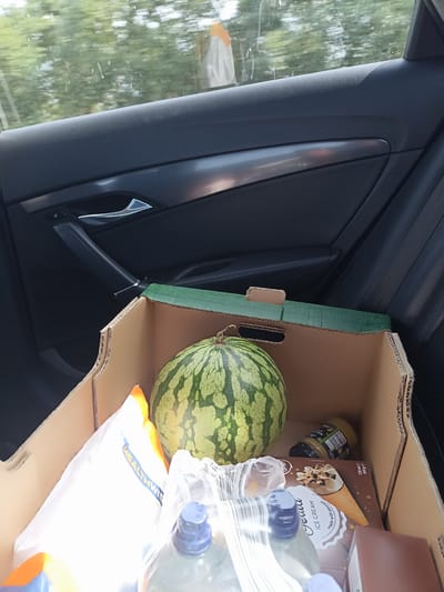 The image shows a cardboard box in the back seat of a car, likely in Craghyboyle, Ireland. The box contains a watermelon, a bag of groceries with the text "HEALTHWISE", and a carton of "Jenni Ice Cream" with a picture of an ice cream cone. There is also a jar of what appears to be pistachio sauce. The interior of the car, including the door panel and handle, is visible. The background suggests the car is in motion, with blurred trees and foliage visible through the window.