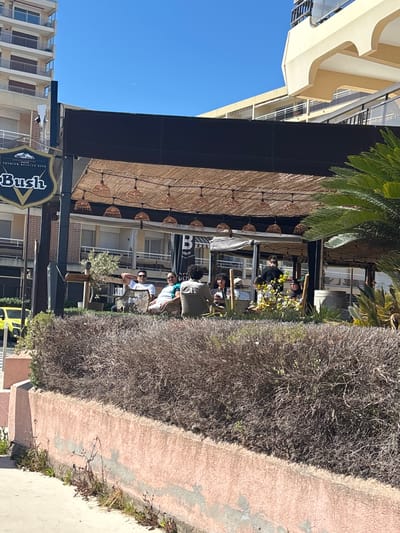 The image shows an outdoor seating area of a restaurant in Fréjus, France. People are seated at tables, interacting and dining. A "Bush" beer sign is visible, indicating the restaurant's name or offerings. The area is shaded by a brown, possibly bamboo, canopy. Buildings flank the restaurant. A large, dense bush separates the seating area from a pinkish sidewalk. The sky is clear and blue.