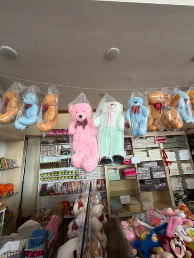 This is a low-angle, medium shot of a store interior in Acıpayam, Turkey, with a focus on plush toys and household goods. In the foreground, several large, bagged teddy bears are hanging from a string across the ceiling. These include two orange, one blue, one pink, and one mint green and white teddy bear. Below the hanging bears, shelves are stocked with folded towels and what appear to be other textiles. Some shelves also display boxed toys and dolls. In the lower right of the image, a wire basket is filled with various plush toys, including monkeys, dolls, and cartoon characters. A red, monkey-like plush toy hangs from the shelving unit on the right. The lighting suggests an indoor environment, possibly a retail shop. The ceiling has recessed lighting fixtures.