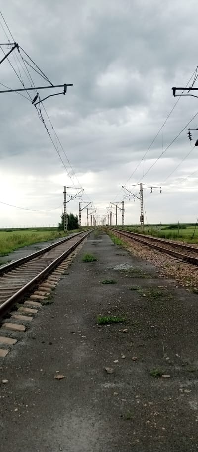 The image shows a dual-track railway line receding into the distance under a cloudy sky. On either side of the tracks are fields of green grass. Overhead, a complex network of power lines and their supporting poles stretch along the railway. The ground between the tracks and the grassy fields appears to be a mixture of dirt, gravel, and some patches of sparse vegetation. The overall scene suggests an outdoor, rural setting, likely a railway corridor. The specific location in the city of Marinovka, Kazakhstan is indicated.