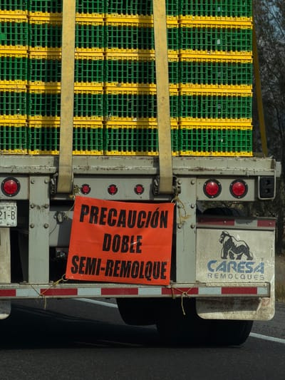 A truck bed viewed from above, stacked high with green and yellow crates secured by tan straps. An orange sign hangs on the back, written in Spanish: "PRECAUCIÓN DOBLE SEMI-REMOLQUE". The back of the truck is gray, featuring tail lights and a CARESA REMOLQUES logo. The truck appears to be in motion on a paved road, with tire visible in the right corner.