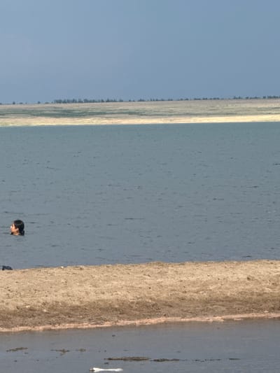 In the city of Ямышево ауылдық округі, Kazakhstan, a young girl with dark hair is partially submerged in a body of water. Her head and shoulders are visible above the surface, and she appears to be looking towards the left of the frame. The water is a murky blue-gray, with small ripples on its surface. A sandy embankment with some sparse vegetation lines the foreground, and beyond that, a hazy horizon stretches across the frame, with a strip of land dotted with trees and a pale blue sky above. The overall scene suggests an outdoor, natural environment, possibly a lake or a wide river.