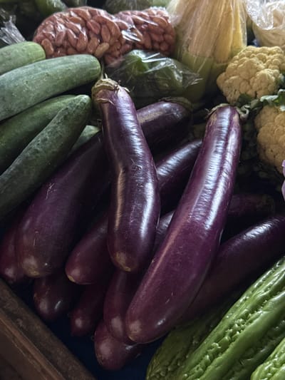 The image shows a close-up, overhead view of a produce stall in Karangsambung, Indonesia. The foreground is dominated by a pile of long, slender eggplants, their skin a deep, glossy purple. To the left and slightly behind the eggplants are several green cucumbers, also elongated and with a slightly bumpy texture. In the background, parts of other vegetables are visible, including cauliflower florets, corn, and what appears to be a bag of peanuts or beans. The lighting suggests an outdoor market environment, possibly early morning or late afternoon. No people are visible in the frame.