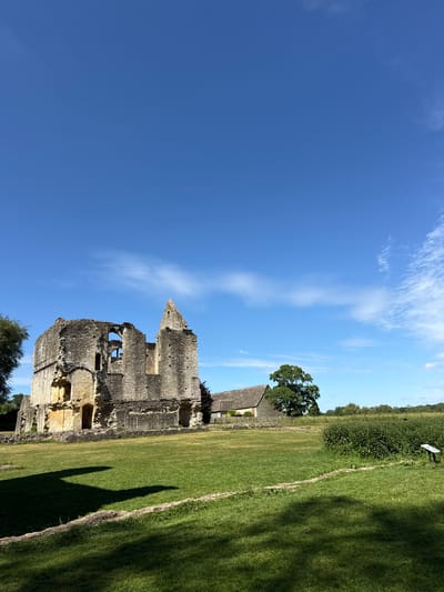 The image shows the ruins of Minster Lovell Hall, located in the village of Minster Lovell, West Oxfordshire, United Kingdom. The ruined stone structure stands on a grassy field, with a bright blue sky dotted with light clouds visible above. Adjacent to the ruins, there is a well-maintained lawn area, part of the surrounding grounds. Visible on the right is the shadow of a tree cast on the green. There are trees surrounding the building.