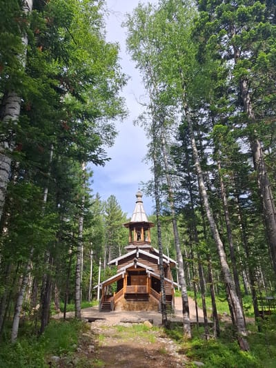The image captures a wooden Orthodox chapel nestled within a dense forest, likely in the city of Vydrino, Russia. The chapel, with its multi-tiered roof and onion dome, is the central subject. It is constructed from wood, with visible logs and timber framing. A wooden staircase leads up to the entrance. The chapel is surrounded by tall trees, predominantly birches with their distinctive white bark and coniferous trees, creating a natural canopy that filters the sunlight. The ground is covered with a mixture of dirt, gravel, and green undergrowth. The sky is visible through the gaps in the trees, appearing light blue with scattered clouds. There are no people visible in the image. The scene evokes a sense of tranquility and seclusion, typical of a forest setting.