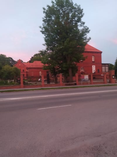 A street-level, medium-shot, outdoor, daytime photograph shows a red brick building with a red tile roof, situated behind a black metal fence. A large deciduous tree with dark green leaves stands prominently in front of the building, obscuring a portion of its facade. The building has several windows, some of which appear to be barred. A large portrait of a man is displayed on the exterior wall. A street with white lane markings runs in the foreground, suggesting an urban or suburban environment. The sky above is a pale blue with hints of pink, indicative of twilight. The overall scene conveys a sense of historical architecture within a well-maintained public space. The location is identified as Gusev, Russia.