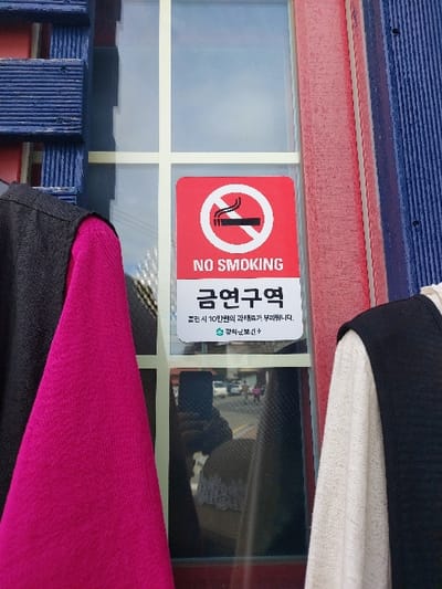 A red "NO SMOKING" sign, featuring a white circle with a black cigarette crossed out, is affixed to the lower-right pane of a glass storefront window. Below the universal symbol, the sign displays "NO SMOKING" in English, followed by "금연구역" (No Smoking Zone) in Korean. Further Korean text indicates a fine of 100,000 won for smoking, and a green logo identifies the enforcing authority as "강화군보건소" (Ganghwa County Public Health Center), confirming the location in Ganghwa-gun, South Korea.
To the left of the window, a blue, horizontally slatted facade is visible. To the right, a vertical red frame separates the window from a similar blue textured facade. Clothing items are draped or hung partially into view on either side of the window, suggesting a retail display. On the left, a dark gray garment partially covers a vibrant magenta or fuchsia item. On the right, a black sleeveless garment is displayed over an off-white, long-sleeved piece.
The window panes reflect the street scene opposite, showing a blurry view of parked and moving vehicles, distant buildings, and the upper torso and phone of the person taking the photograph.