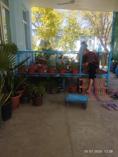 A woman, appearing to be elderly, sits on a blue metal bench on an outdoor patio in Quyosh, Uzbekistan. She is wearing a dark head covering, a red and black patterned top, and black pants. She is looking down at something in her lap, possibly tending to it. The bench is adorned with potted plants, some with pink flowers. In front of the bench, several more potted plants are arranged on the concrete floor, including a large snake plant. A small, weathered blue wooden stool is placed in front of the bench, and a colorful striped mat lies on the ground next to it. A pair of purple flip-flops are visible on the right side of the image, near the woman's feet. The scene suggests a relaxed, domestic setting with a focus on gardening and outdoor living. The time stamp in the lower right corner indicates the photo was taken on July 30, 2026, at 12:58.