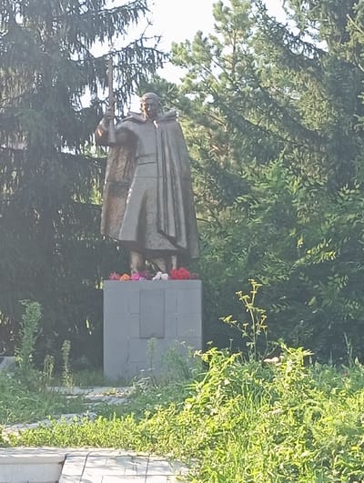 A full shot captures a bronze statue of a soldier holding a rifle, standing on a gray granite pedestal. The statue is situated outdoors, surrounded by lush green trees and dense foliage. A cluster of colorful flowers, including pink, orange, and red, adorns the base of the pedestal. The background is dominated by tall evergreen trees, with sunlight filtering through the branches, casting shadows on the scene. The foreground features a path made of light-colored paving stones, with various green plants and weeds growing around it. The statue appears to be a war memorial. The location is identified as NovoKopylovo, Russia.