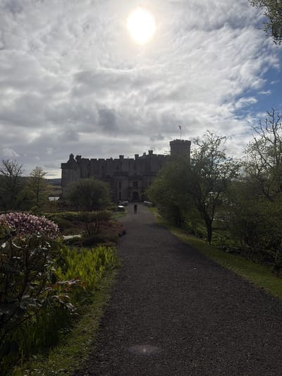 The image shows Dunvegan Castle in Dunvegan, United Kingdom, from a low-angle perspective on a partially sunny day with streaky clouds in the sky. A dark gravel path runs along the right side of the image, bordered by green plants, ferns, and flowering bushes. A castle towers on the left side of the image, with multiple towers and battlements. A British flag flies atop the tallest tower. The sun is visible in the upper left, partially obscured by clouds. A person is visible on the path in front of the castle. Trees are present above and around the castle.