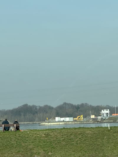 The image depicts an outdoor scene in Altenheim, Germany, featuring a body of water and its surrounding banks under a clear sky. In the foreground, a grassy bank slopes gently towards the water. A dark brown wooden park bench with metal supports is positioned on this bank in the lower left quadrant. Two individuals, both clad in dark outerwear, are seated on the bench, facing away from the camera and towards the water. A light-colored dog is visible on the grass directly in front of the bench, between the two people.
Beyond the water, which appears calm, lies the opposite bank. This bank features an embankment with various structures. From left to right, several rectangular, light-colored modular containers are visible, followed by a bright yellow excavator. Further to the right, a multi-story white building with a flat roof, possibly a control tower or lock house, stands prominently. Adjacent to this building are additional utility structures, poles, and what appears to be part of a water management facility, potentially a lock or dam. A dense line of bare deciduous trees forms a natural backdrop behind these structures. Overhead, multiple horizontal power lines traverse the sky, and several small, bright white circular light reflections or artifacts are present across the upper half of the image. The sky is predominantly clear and light blue.