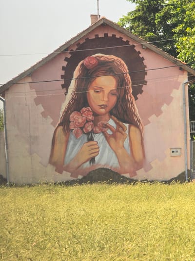This image captures a gable-end wall of a residential building in Djinot, Bulgaria. The building's wall is painted a light peach color and features a large mural depicting a young woman with long, wavy, dark brown hair. A single red rose is positioned in her hair. She wears a simple white garment and holds a bouquet of several pink, stylized flowers in her left hand, while her right hand gently touches one of the blossoms. Behind her head, the mural incorporates a dark brown, circular gear-like design. The house has a terracotta-tiled roof with a visible chimney on the left. Multiple dark-colored utility wires traverse horizontally across the image, in front of the mural. A small, white electrical box is mounted on the lower right portion of the house wall. The foreground is entirely filled with a dense field of tall, light yellow-green grass or grain, indicating a rural or semi-rural setting. The sky above is bright and clear, and a dense green tree canopy is visible on the right side, behind the building.