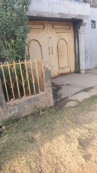 This image displays the exterior entrance of a building in Danbare, Nigeria, from a ground-level perspective. A large, double-leaf metal gate, painted a faded yellow or light tan and exhibiting significant rust and wear, is centered. Each gate leaf features two vertical panels with arched tops and horizontal bar handles. Above the gate, a grey concrete lintel projects outwards. To the right of the gate, a fluted white column supports the lintel, adjacent to a light-colored wall with a rectangular grid-patterned vent. Dense green foliage, comprising bushes and taller reedy plants, partially obscures the wall to the left of the gate and extends behind a low, yellow metal fence with vertical bars and decorative cross-elements, supported by concrete posts. A concrete pathway, marked with dark moisture stains and cracks, leads to the gate. The foreground and area to the right of the pathway consist of sparse green and dry brown grass mixed with exposed reddish-brown soil. No individuals, actions, or interactions are visible within the frame.