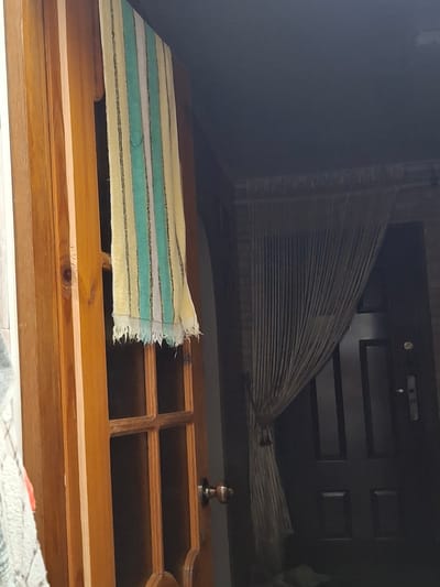 The image shows a hallway with a wooden door on the left and a dark-colored door on the right. A striped towel hangs on the wooden door. A beaded curtain hangs in front of the dark-colored door. The scene appears to be an interior view of a residential hallway.