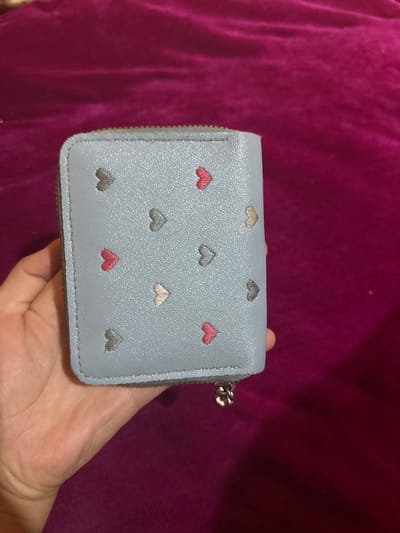 A person's hand holds a light blue, heart-patterned wallet against a magenta background. The wallet has a zipper closure and is adorned with embroidered hearts in pink, silver, and gold. The background appears to be a textured fabric. The image was taken in Bishkek, Kyrgyzstan.